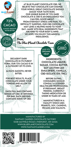 CBD Dark Chocolate 500 mg- Our 72% dark chocolate is not just smooth and delicious, it’s also a terrific delivery system for CBD’s.